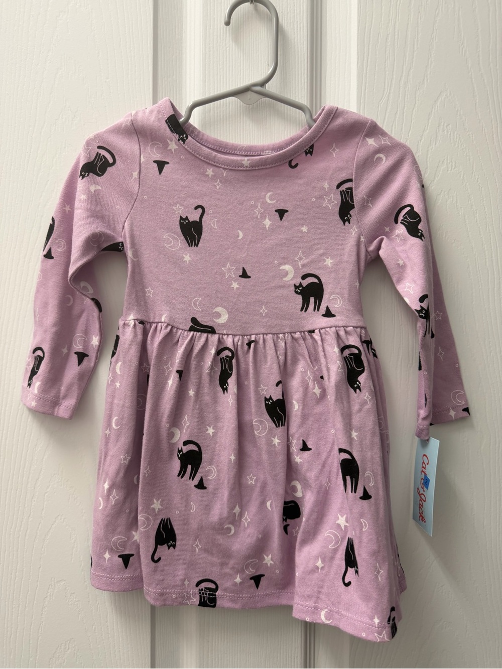 Cat & Jack Lavender Long-Sleeve Dress with Black Cat Print